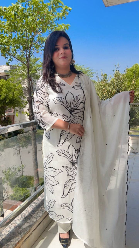 White And Black embroided 3-Piece suit