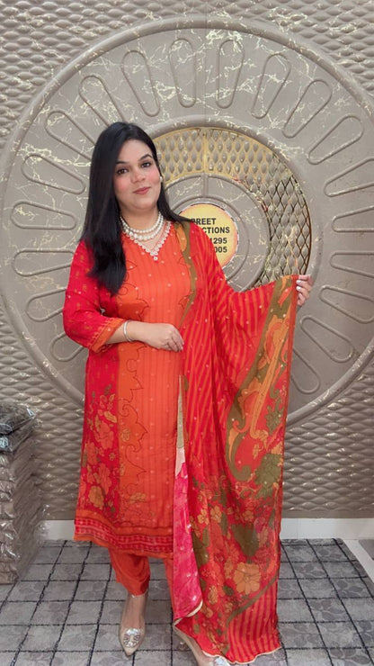 Orange Chinnon Suit With Floral Printed Dupatta Set