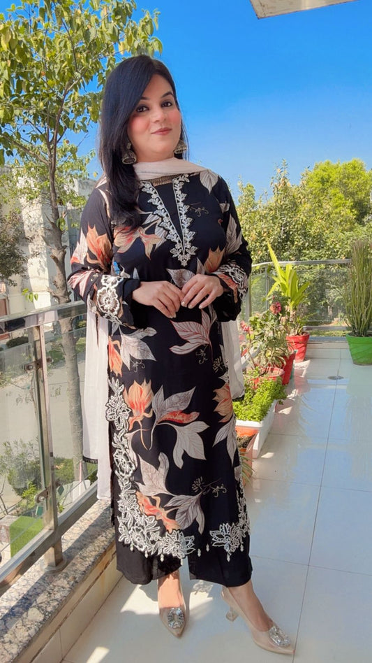 Black Printed Cotton Reyon Three Piece suit