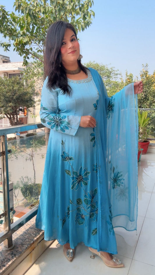 Powder blue Anarkali Chinnon suit