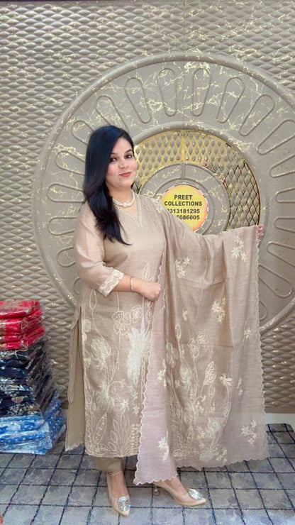Beige Linen Silk Suit With Embroidery