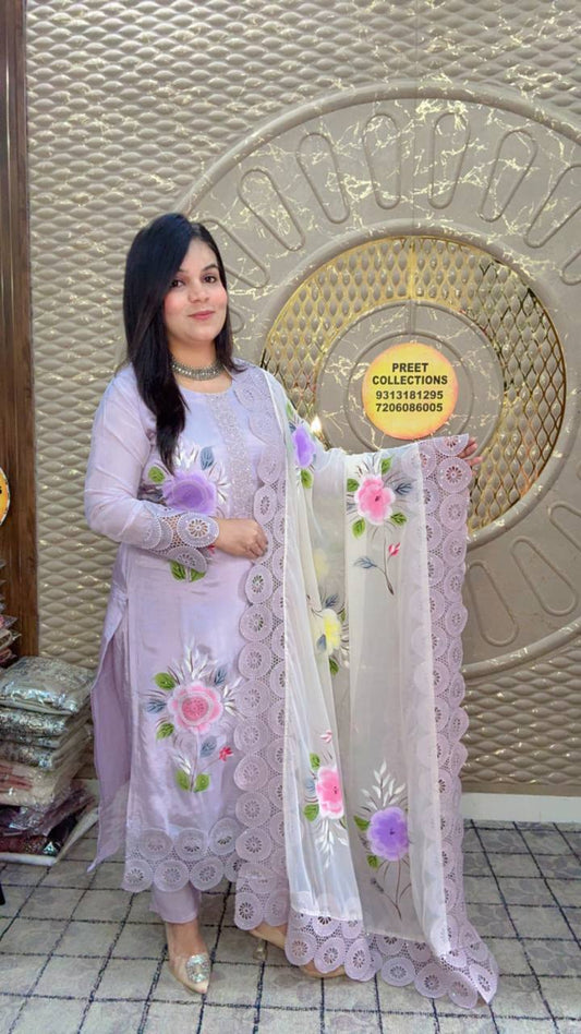 Lavender Organza With Floral printed  Suit