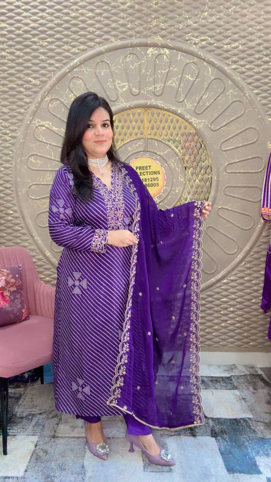 Purple Russian Silk Bandhani Printed kurta Set with Gotta Patti