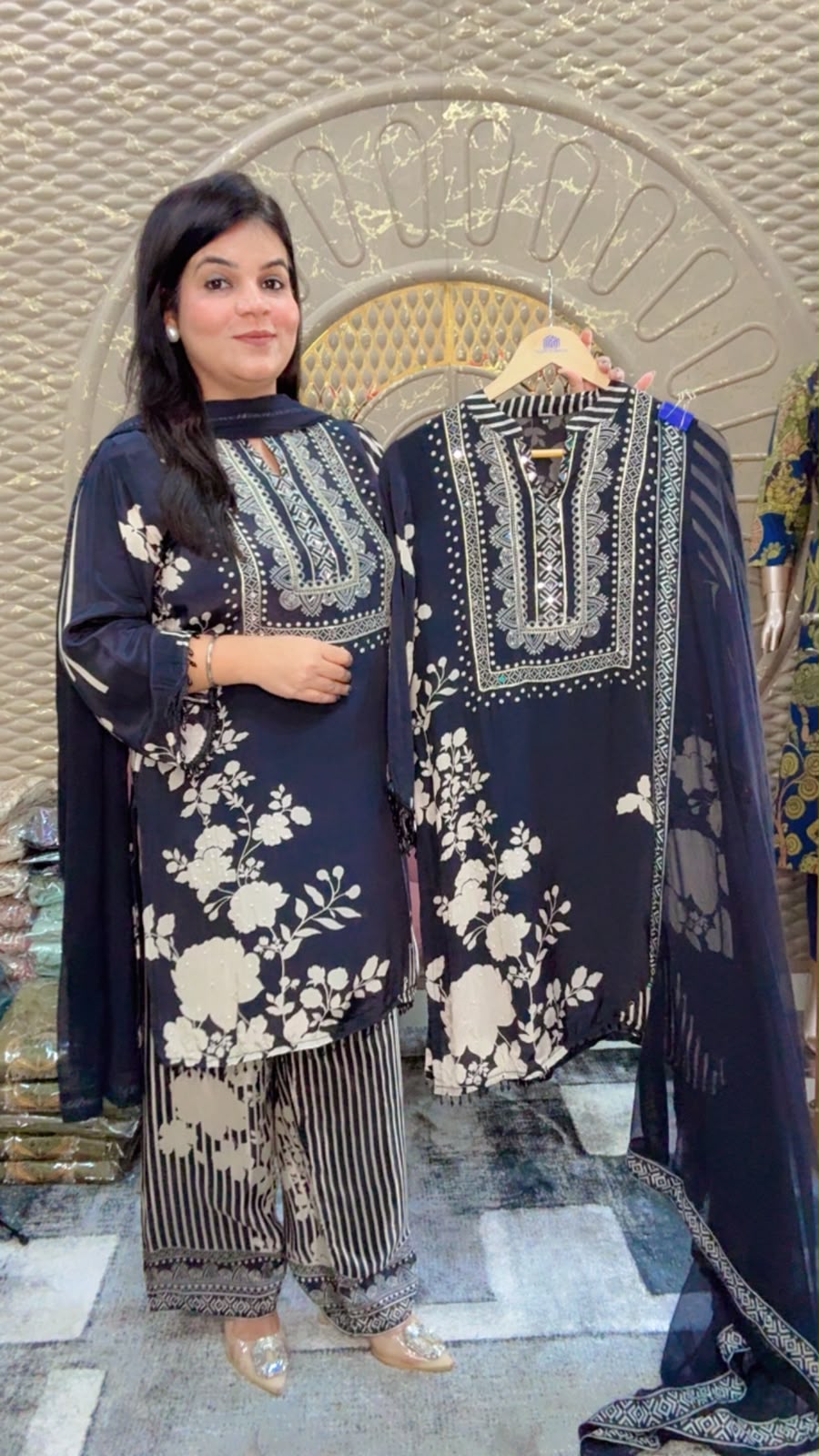 Blue Floral Crepe Suit