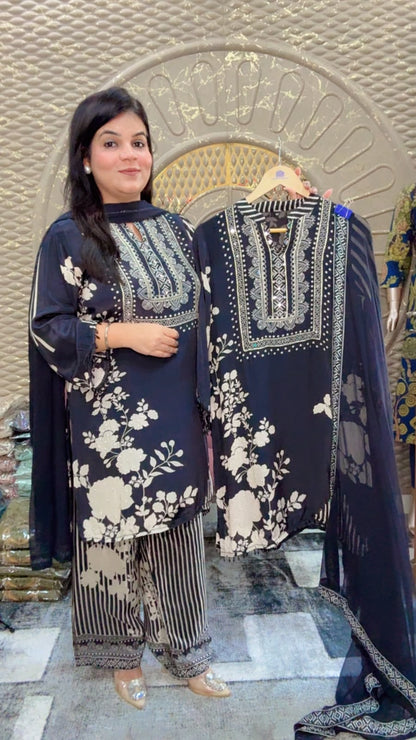Blue Floral Crepe Suit
