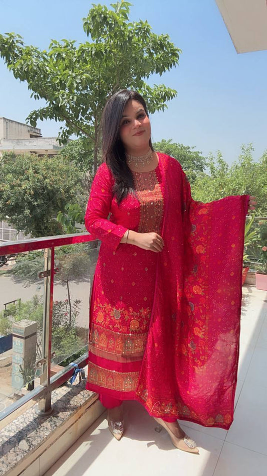 Vibrant Pink Bandhani Printed kurta Set ❤️