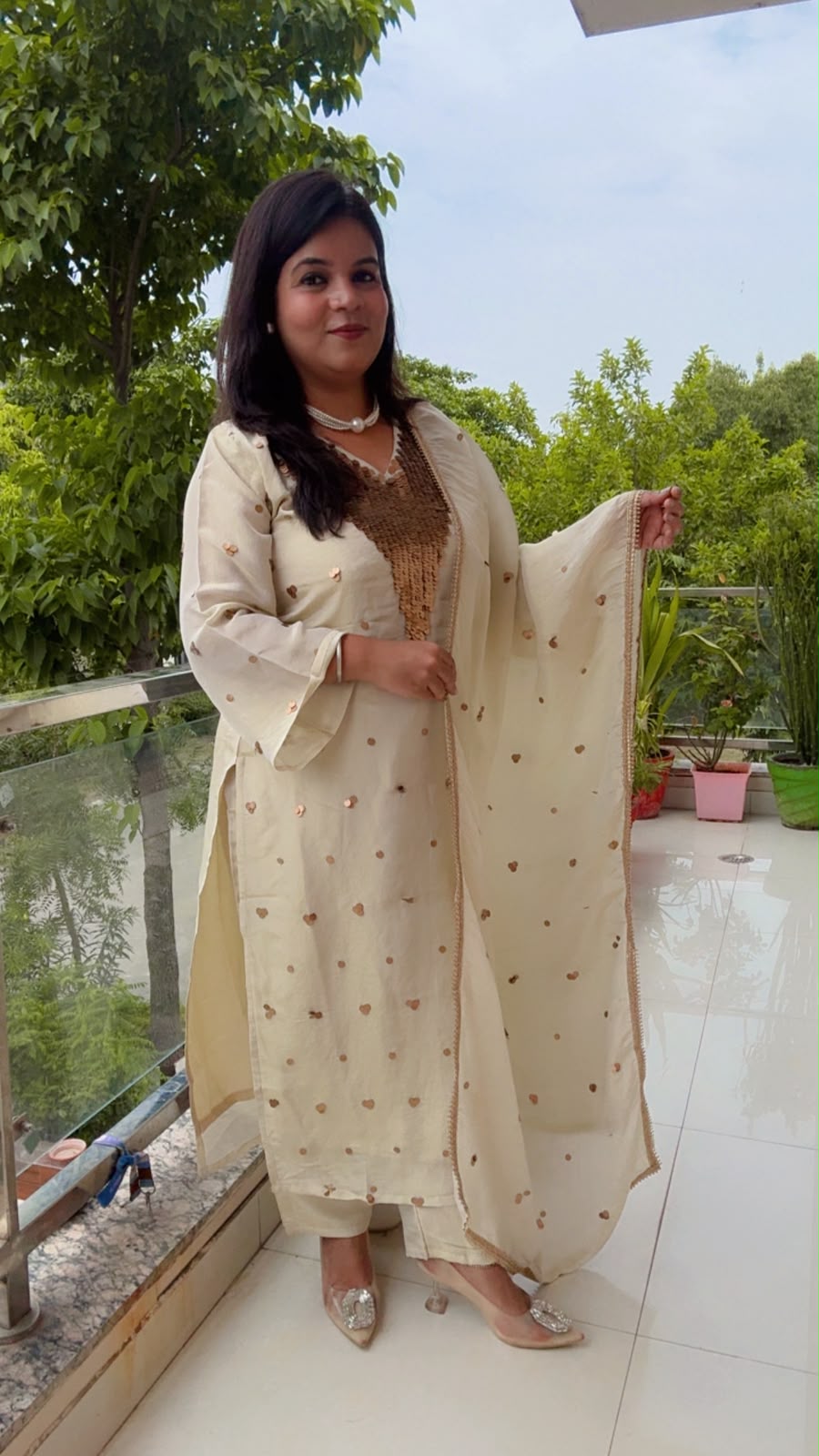 Cream Shimmer Silk Suit