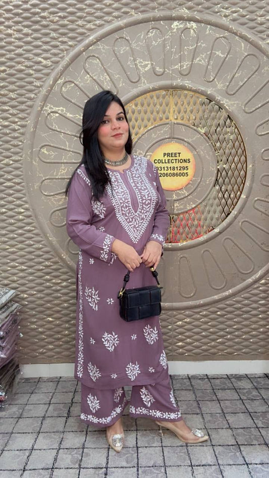 Lavender Cotton Rayon With Hand Embroidered Straight Kurta Set