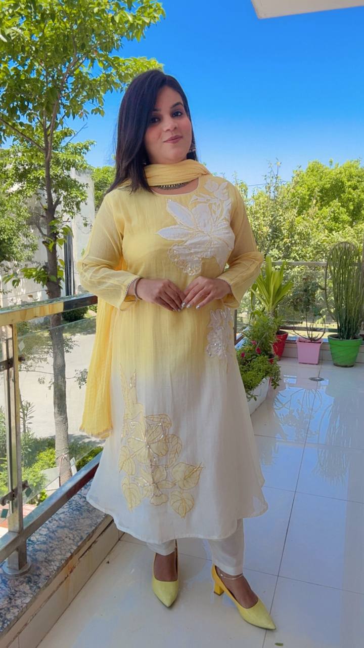 White And Yellow Map Cotton Anarkali Suit