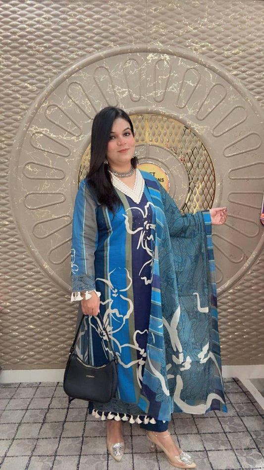 Blue Floral Print Cotton Straight Kurta Set