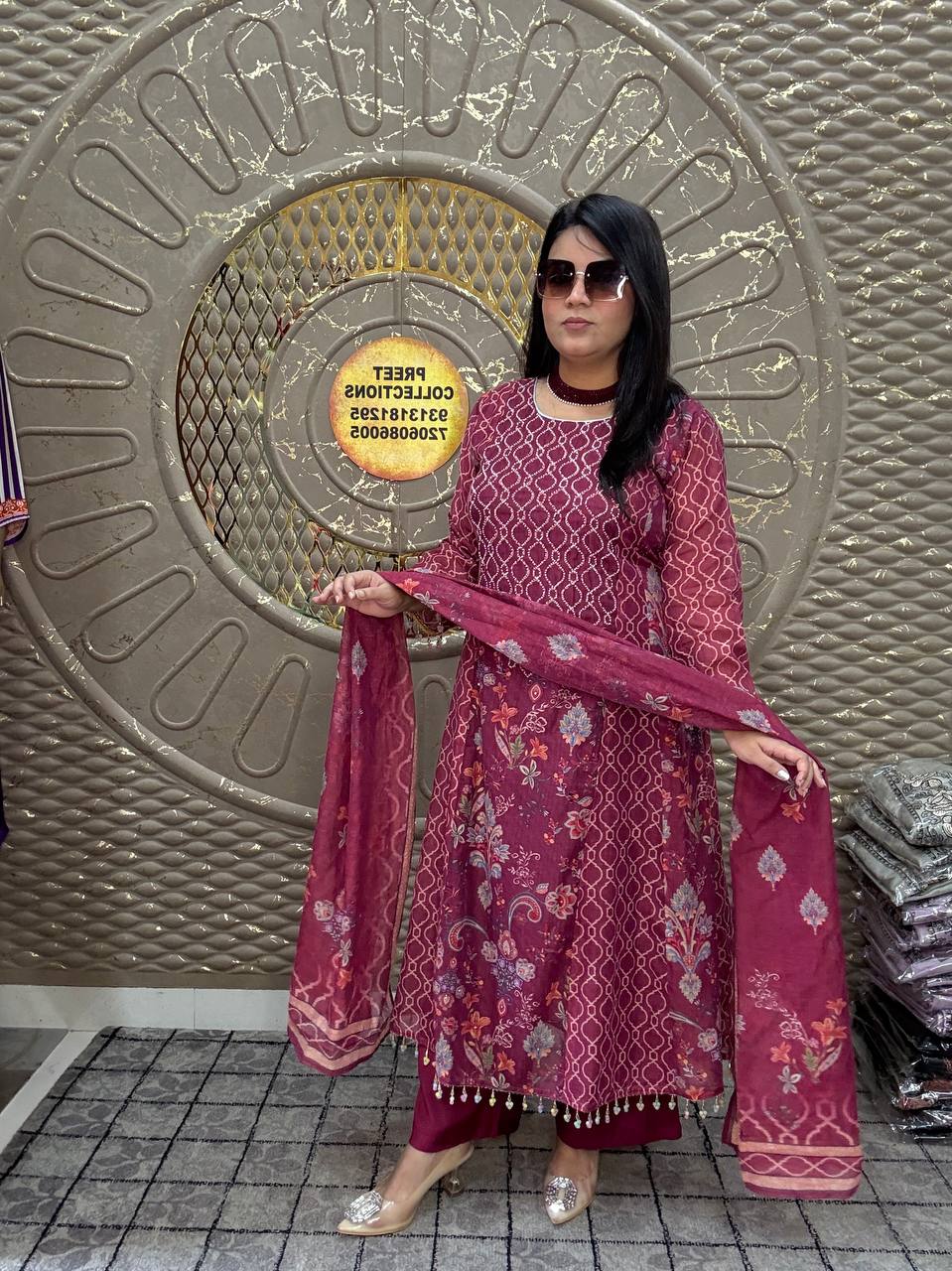 Maroon Anarkali Printed Mal Silk Suit