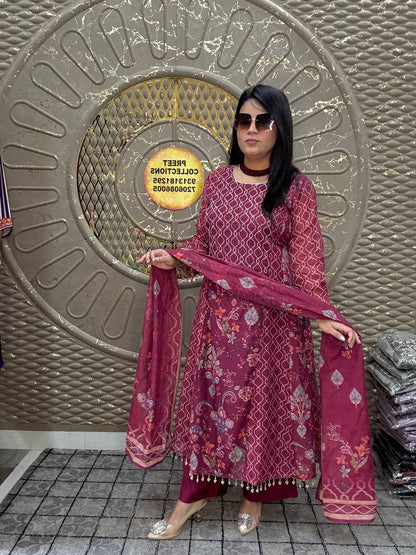 Maroon Anarkali Printed Mal Silk Suit