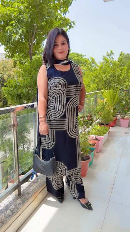Black Rayon Printed Suit