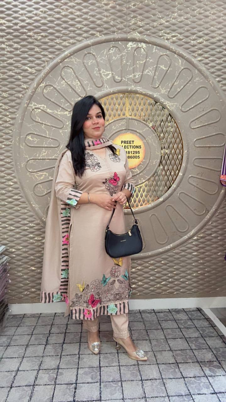 Beige Floral Embroidered Dupatta Suit