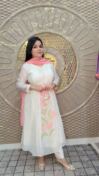 White-Peach Floral Anarkali Suit With Dupatta