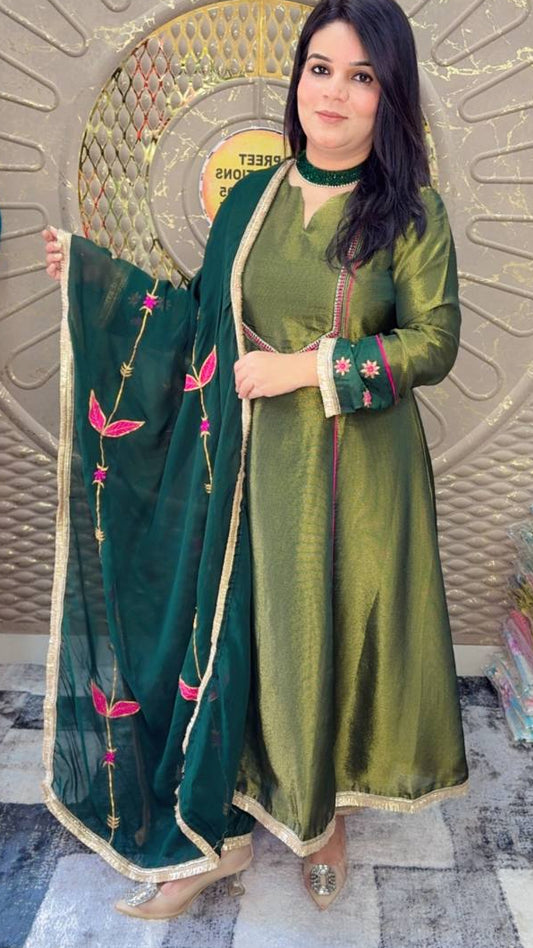 Green ethnic Tissue Silk suit hand- work Embroidery