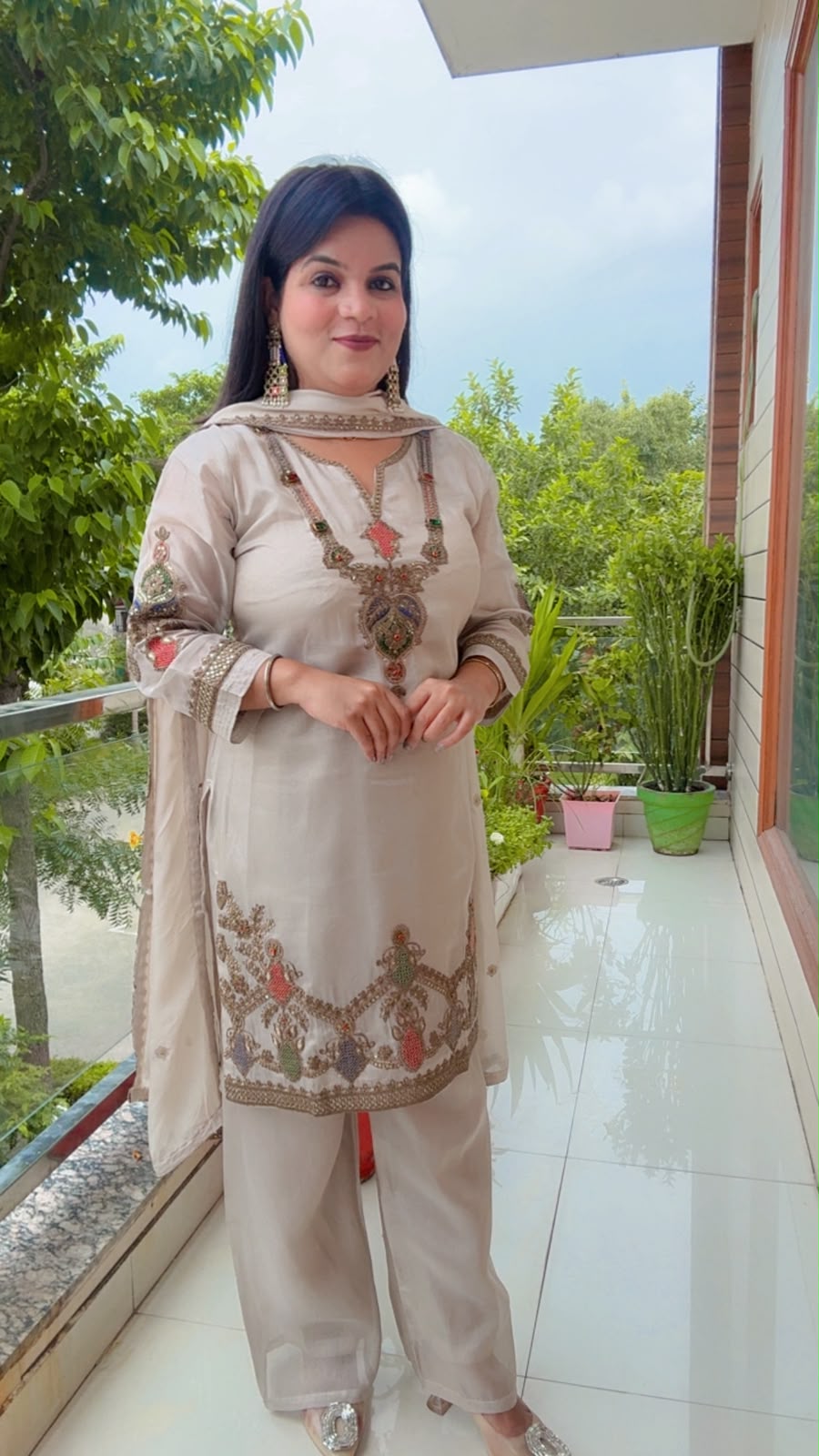 Shimmer Silk Cream And Embroidered Suit Set