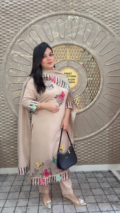 Beige Floral Embroidered Dupatta Suit