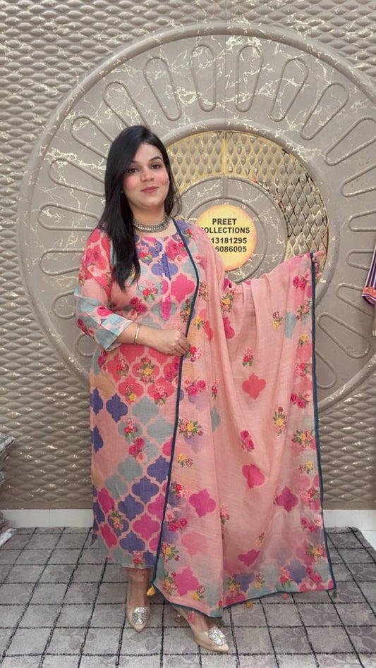 Vibrant Pink Patterned Linen Silk Suit